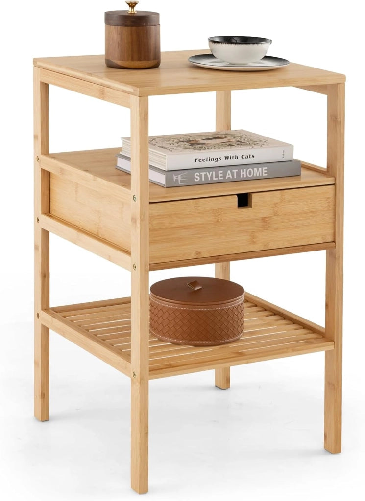 Comodino Tavolino con Cassetto e 3 Ripiani, Comodino Camera da Letto in Bambù, Comodino Salvaspazio Classico, per Soggiorno, Ufficio e Bagno, 40 x 40 x 68 cm (1)