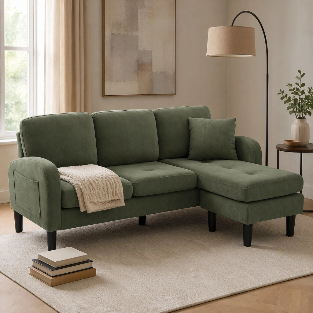 Divano angolare reversibile 3 posti con chaise longue modulare per soggiorno, in corda e schiuma, Verde
