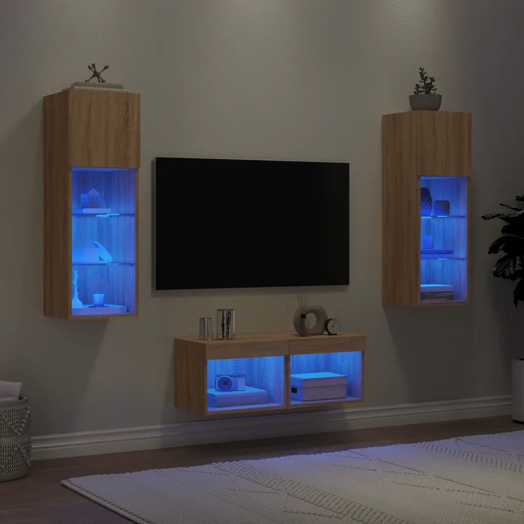 Mobili TV a Muro 4pz | Armadietto TV | Mobile Porta TV con Luci LED Rovere Sonoma