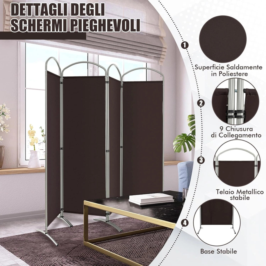 Paravento Pieghevole a 4/6 Pannelli, Separé Divisorio Interno ed Esterno, Pannelli Divisori per Camera da Letto, Ufficio e Soggiorno (221 x 188 cm 4 Pannelli, Marrone)