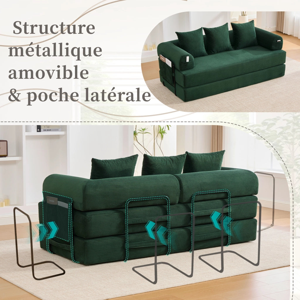 Divano modulare con tasca laterale, 3 cuscini e moduli liberi per salotto, in velluto a coste, Emerald