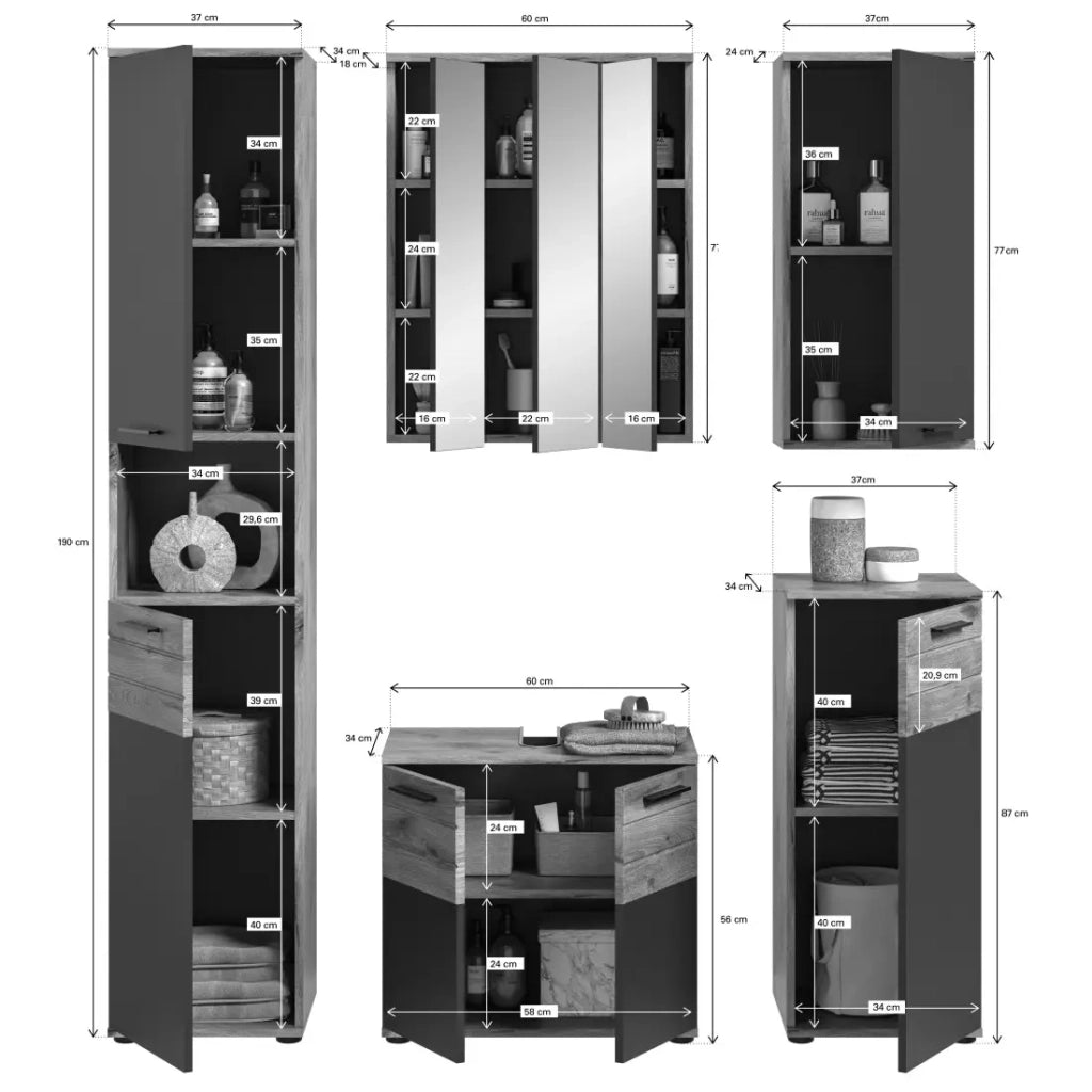 Set da bagno: Mobile sotto lavabo, colonna, mobiletto con specchio + 2 mezze colonne – Grigio antracite e