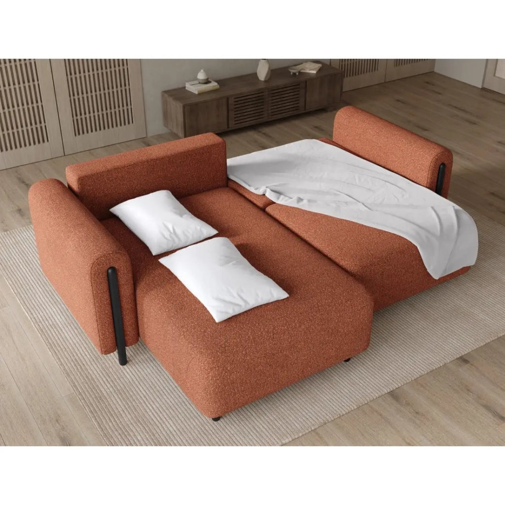 Divano angolare convertibile ARVESSA terracotta bouclette – Angolo sinistro con contenitore