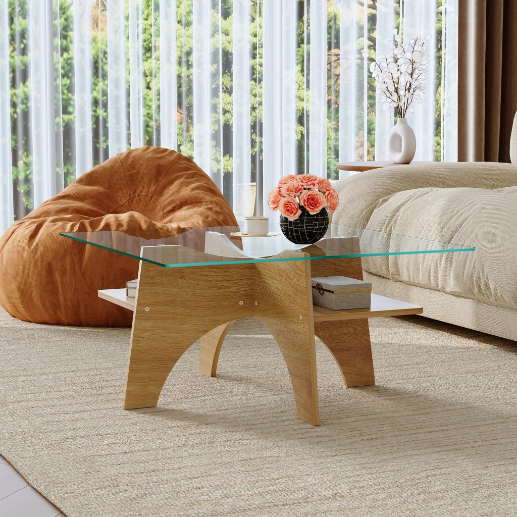 Tavolino da caffè quadrato con vano portaoggetti - per soggiorno - 80×80×40 cm - trasparente e legno