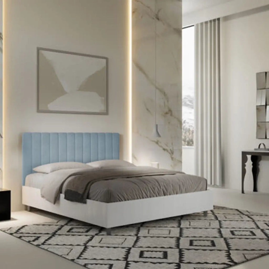 Letto matrimoniale senza rete 160x190 bianco frassino testata microfibra azzurro Kaia