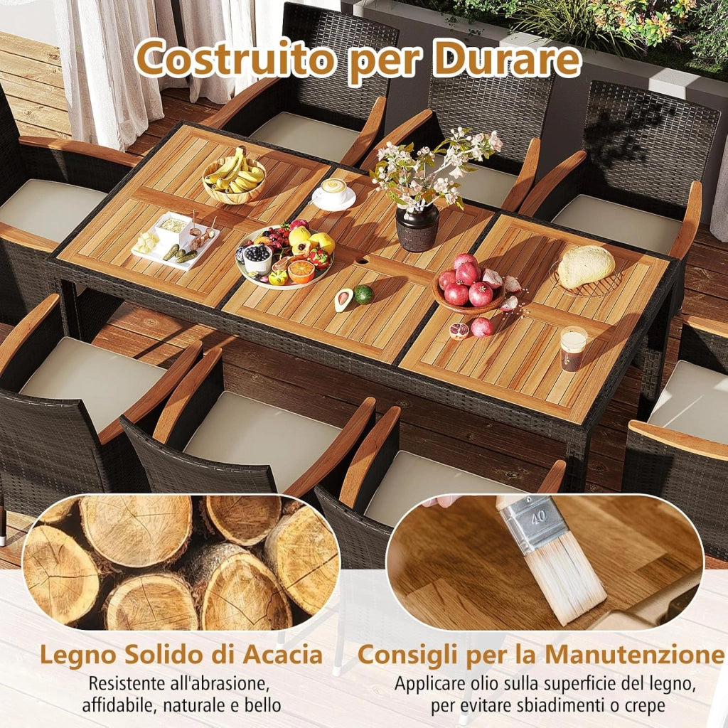 9 Pezzi Set di Mobili da Giardino, Set di Mobili in Rattan PE con Cuscini Rimovibili, 8 Sedie Impilabile e 1 Tavolo, per Giardino Piscina e Cortile