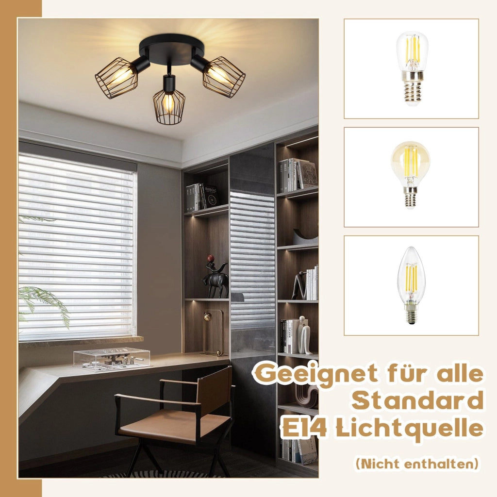 ZMH Lampada da soffitto 3 faretti E14 metallo nero rotonda orientabili 350° stile industriale per corridoio soggiorno