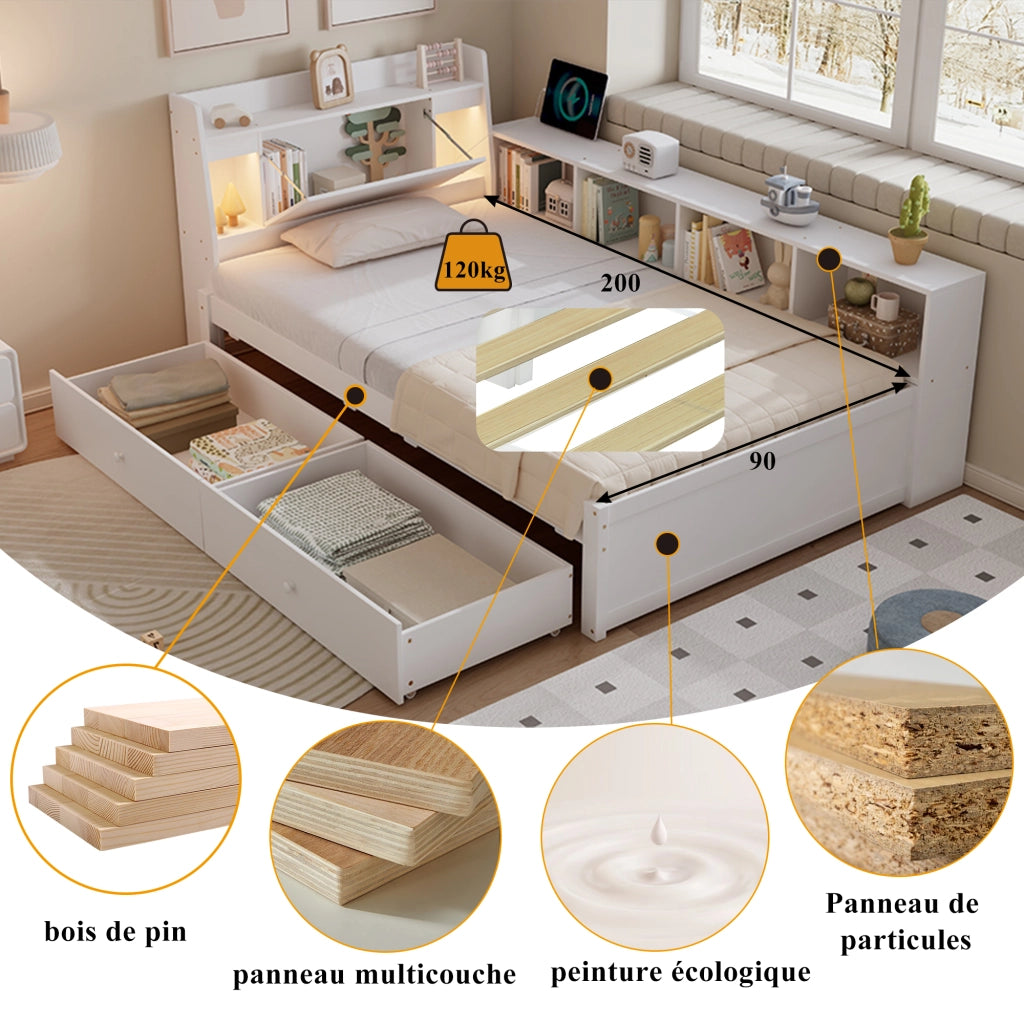 Letto singolo con funzione di illuminazione e contenimento in legno di pino e MDF 90x200 cm