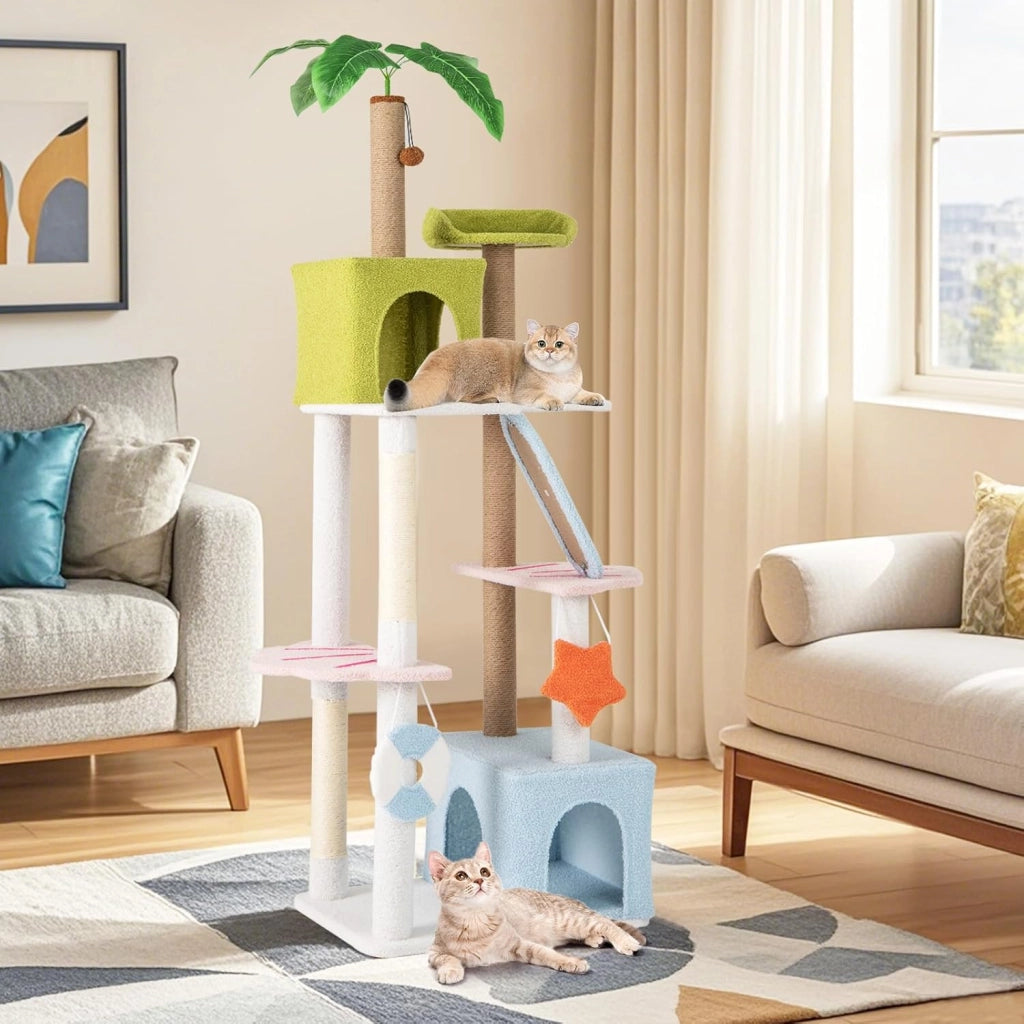 Tiragraffi per Gatto Alto 180 cm Stile Tropicale, Albero Tiragraffi Gatti con Pali con Corda in Juta, Piattaforme, 2 Grotte e Pompon, Torre Gatto Rivestito in Peluche, Blu e Verde