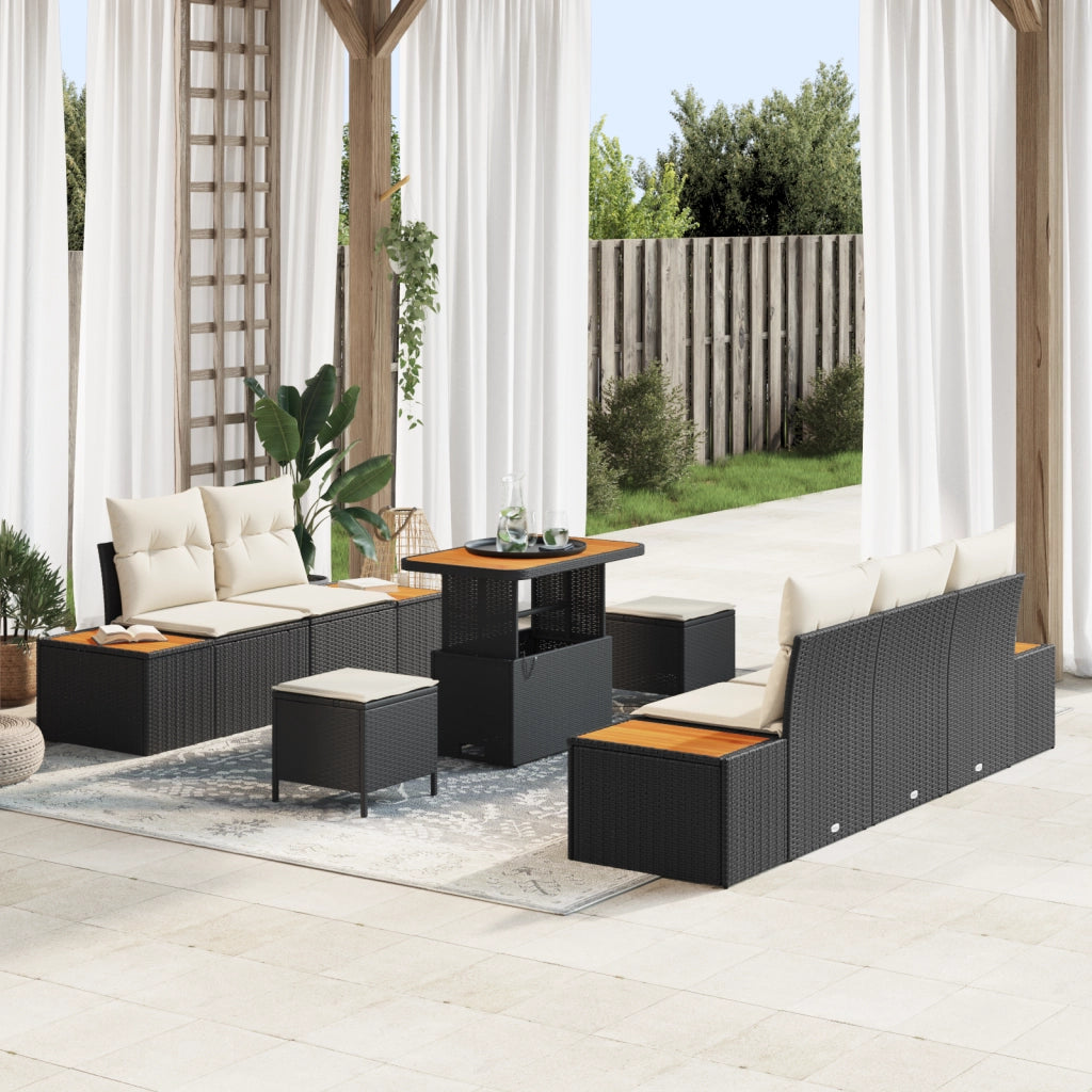 Set di divani da giardino  8 pezzi con cuscini, polyrattan nero e acacia