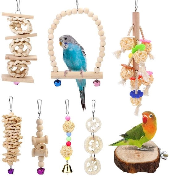 Set di uccelli in legno da gioco, 8 pezzi, con scale e piattaforma di atterraggio, accessori per gabbie per pappagalli, pappagalli grigi africani, pappagalli valk, passeri, merli, cacatua, pappagalli, aringhe