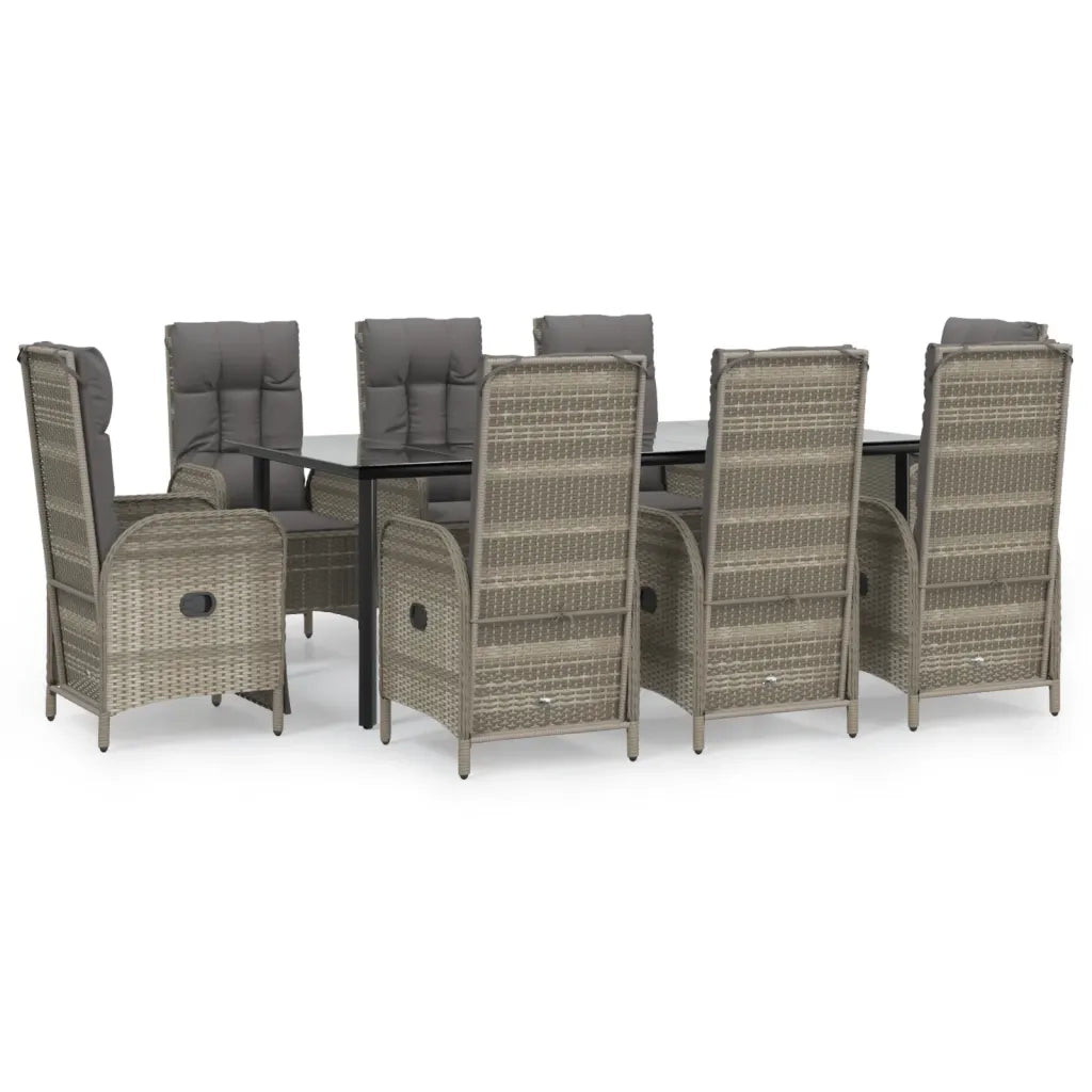 Set da Pranzo Giardino 9pz con Cuscini Nero e Grigio Polyrattan