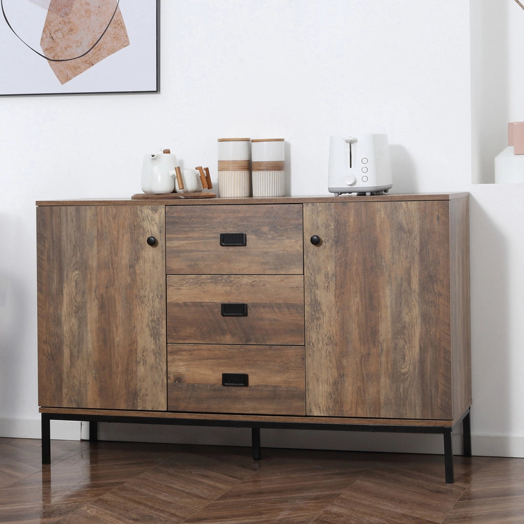 Credenza Moderna in Truciolato e Metallo con 2 Armadietti a 2 Ante con Ripiani e 3 Cassetti. 120x39.5x77 cm