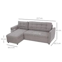 Divano Letto 3 Posti con Chaise Longue Contenitore in Tessuto, 217x134x85cm, Grigio