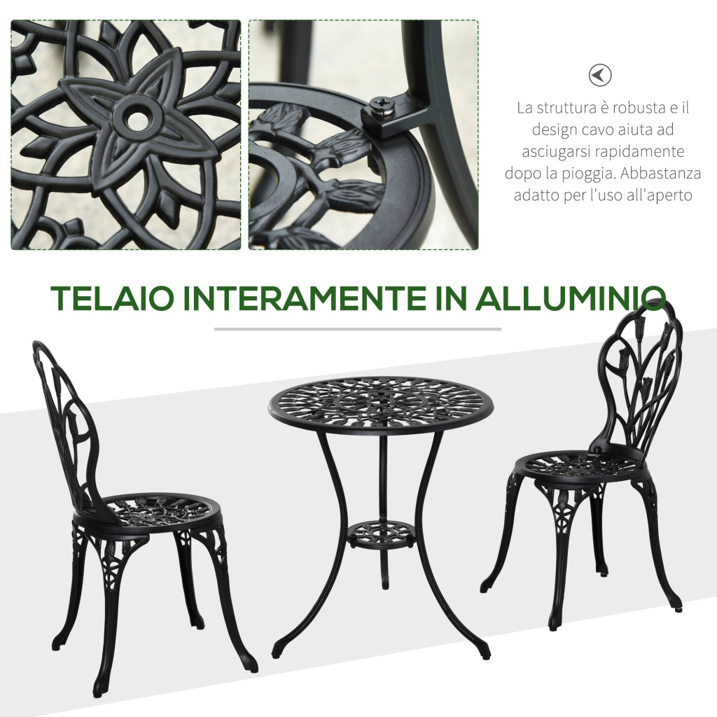 Set da Giardino 3 Pezzi in Alluminio con 2 Sedie 42.5x47.5x89 cm e Tavolino Rotondo ?60x67 cm, Nero