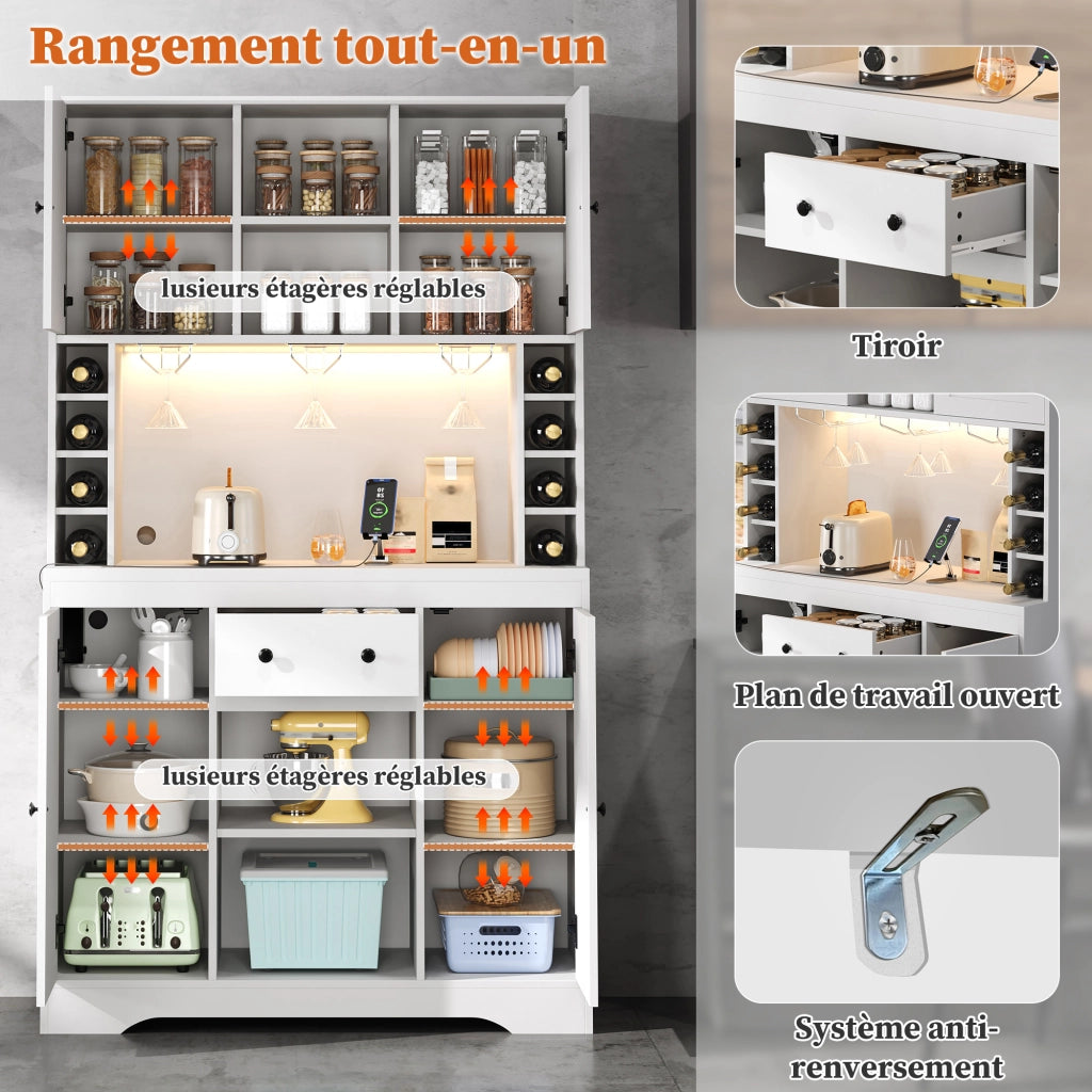 Credenza da cucina con ripiani regolabili; LED e prese integrate - in MDF - 105×40×180 cm - bianco