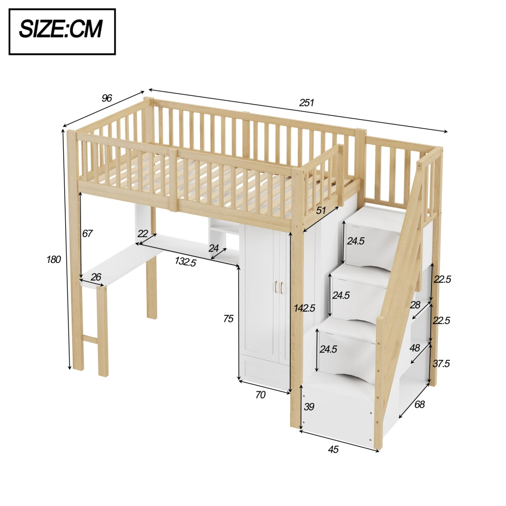 OKWISH Letto a Soppalco 90×200 cm, Letto Singolo con Scala con Cassetti, Armadio, Scrivania e Mensole, senza Materasso, Legno