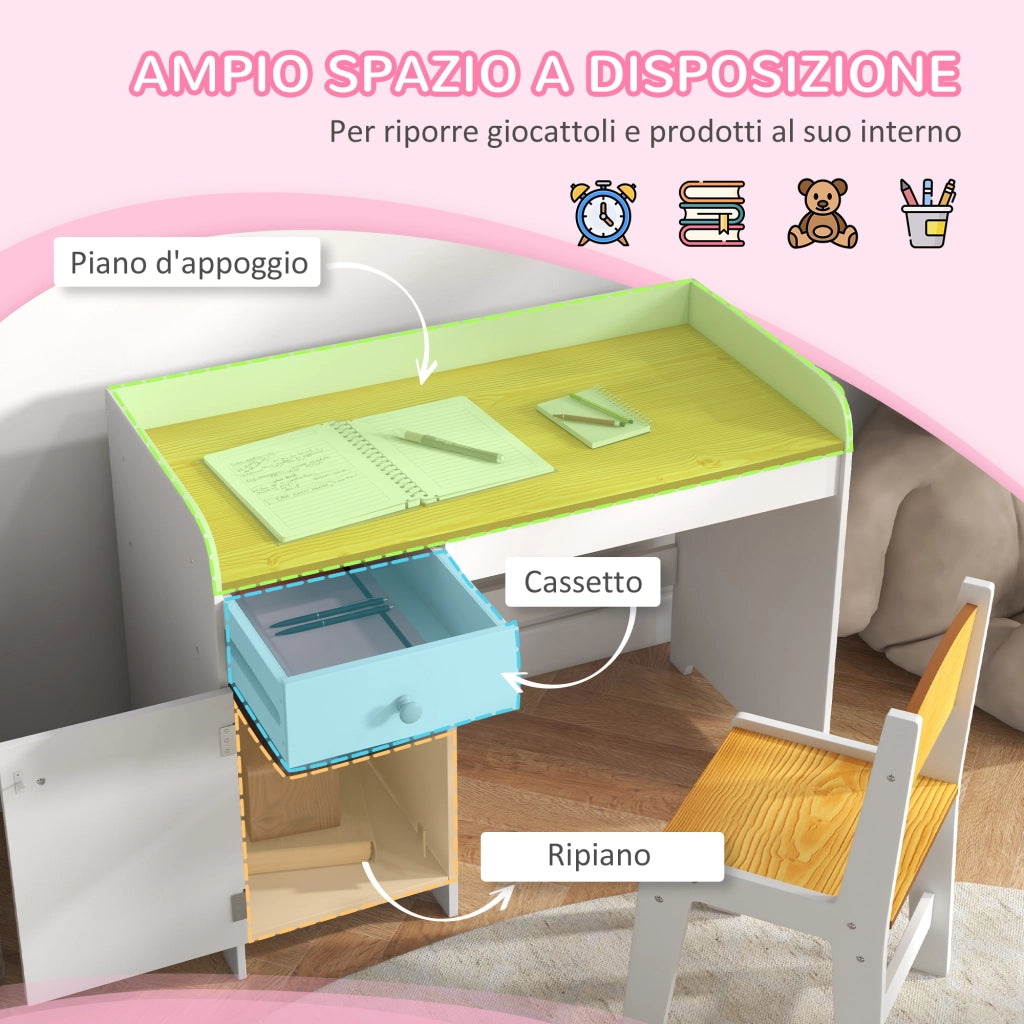 Banco Scuola e Sedia per Bambini da 3-6 Anni con Cassetto e Armadietto in Legno Bianco
