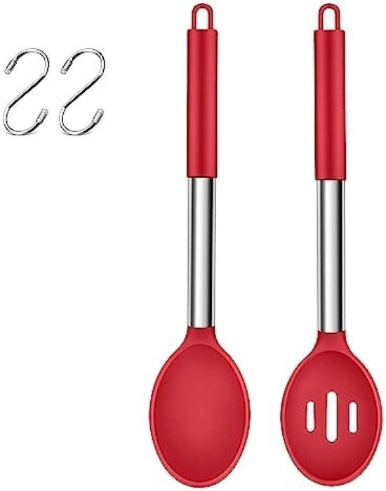 Set di cucchiai in silicone da cucina da 2, cucchiaio a foro e cucchiaio fisso in acciaio inossidabile rosso