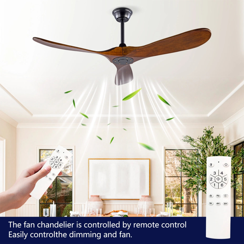 Ventilatore da soffitto 52 pollici, 3 pale legno, design ad elica, funzione memoria, telecomando, finitura noce, per terrazze e soggiorni