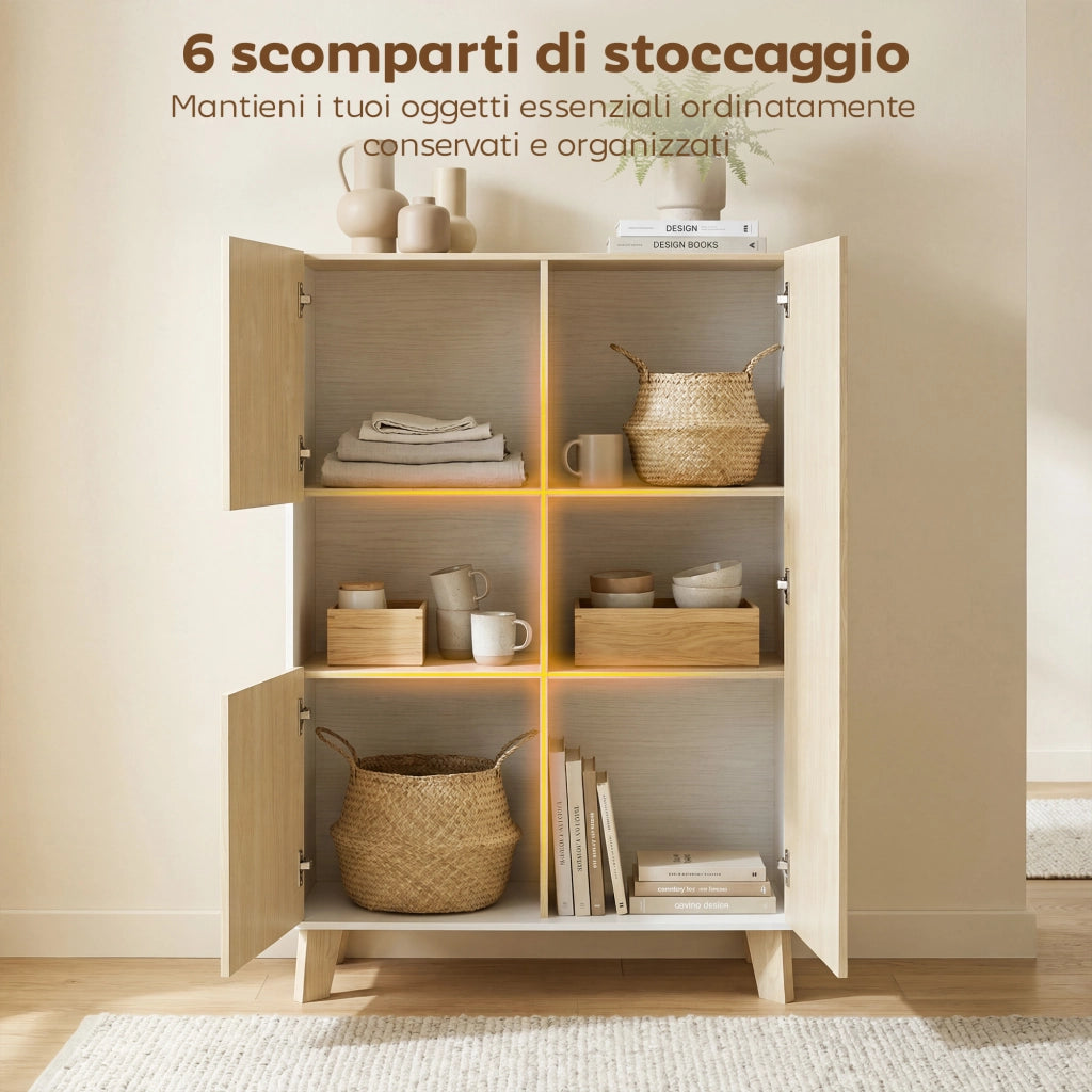 Credenza da Cucina 80x40x135 cm con 6 Scomparti Ante Soft Close in MDF Bianco e Legno