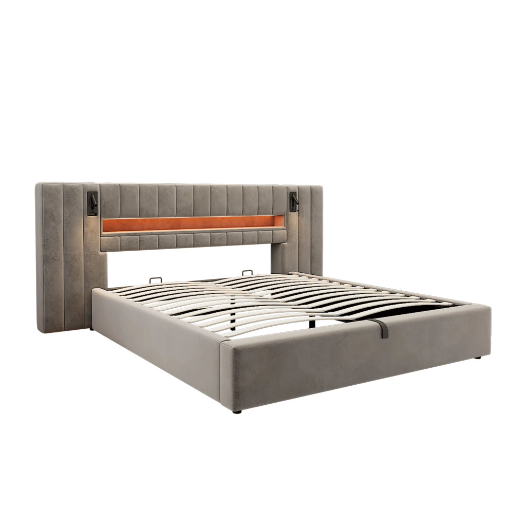 Letto imbottito 180 x 200 cm con USB, LED, lampada da comodino e contenitore, in velluto grigio