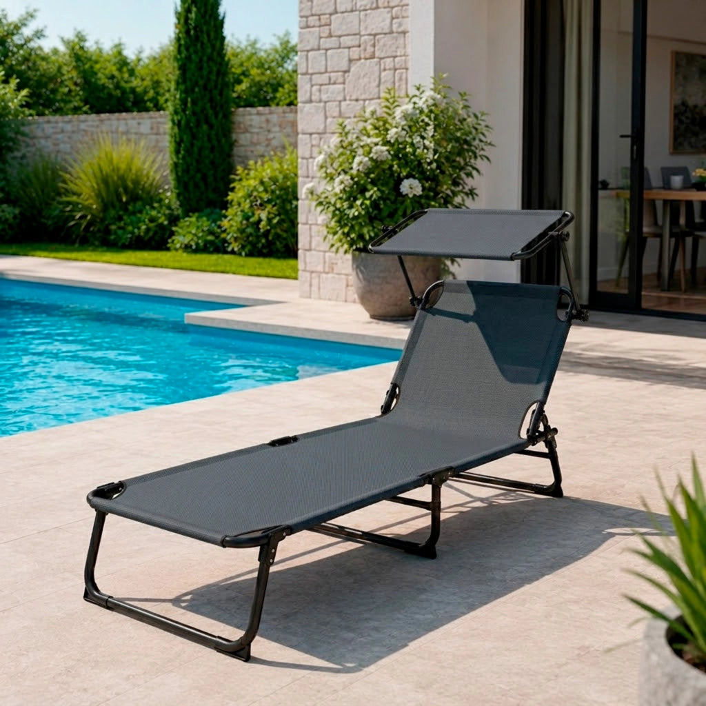 Lettino Pieghevole Con Tettuccio Regolabile Prendisole Parasole Schienale Reclinabile Regolabile Struttura In Metallo Nero Sedia Sdraio Per Spiaggia Mare Giardino Piscina 187 x 53 x 24 Cm Grigio Scuro