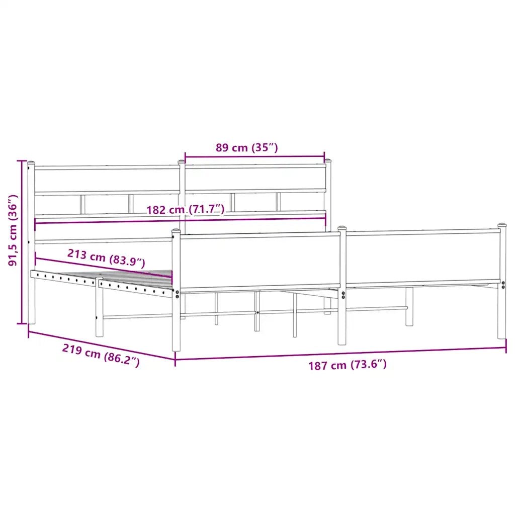 Letto matrimoniale | Letto per adulti | Giroletto senza Materaso in Metallo Rovere Fumo 183x213 cm