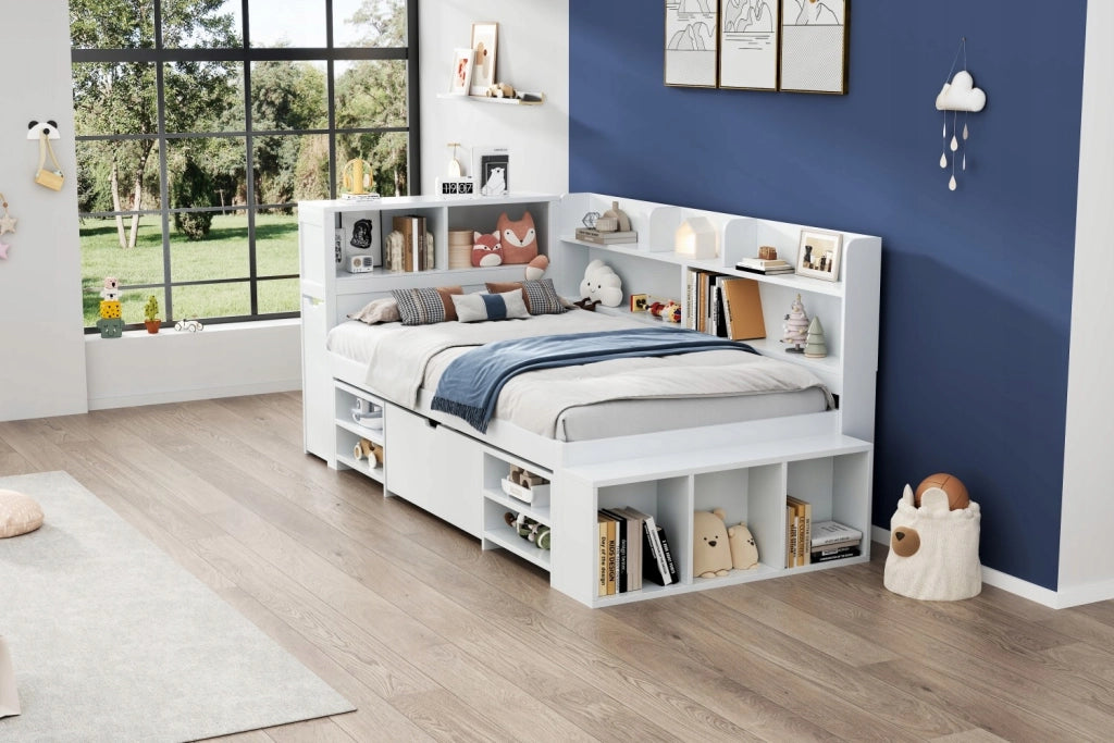 Letto singolo per bambini 90x200 - Xylo - Bianco con cassetti e scaffale