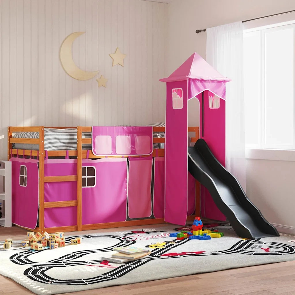 Letto a Castello con Scivolo e Tende Rosa 90x200 cm 3284196