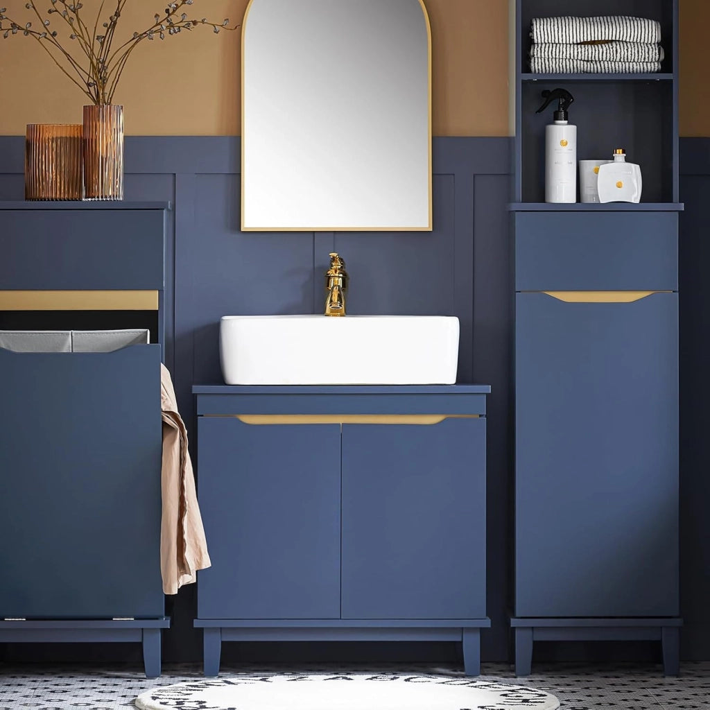 Mobile Sottolavabo – Mobiletto da Bagno con Ante – Mobile Sottolavabo Stretto in Legno per Piccoli Spazi, Blu, 60 x 59 x 30 cm, BZR113-B