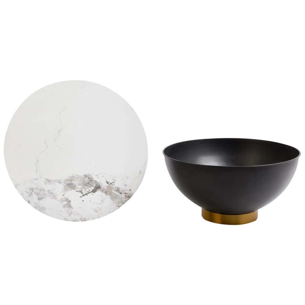 Tavolino da caffè Piano in pietra sinterizzata bianca Base in metallo nero ø 74 cm Accento oro effetto naturale con contenitore Soggiorno design moderno