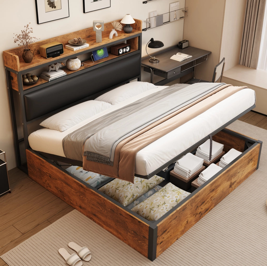 Letto matrimoniale 180x200 con contenitore idraulico, testiera imbottita e USB