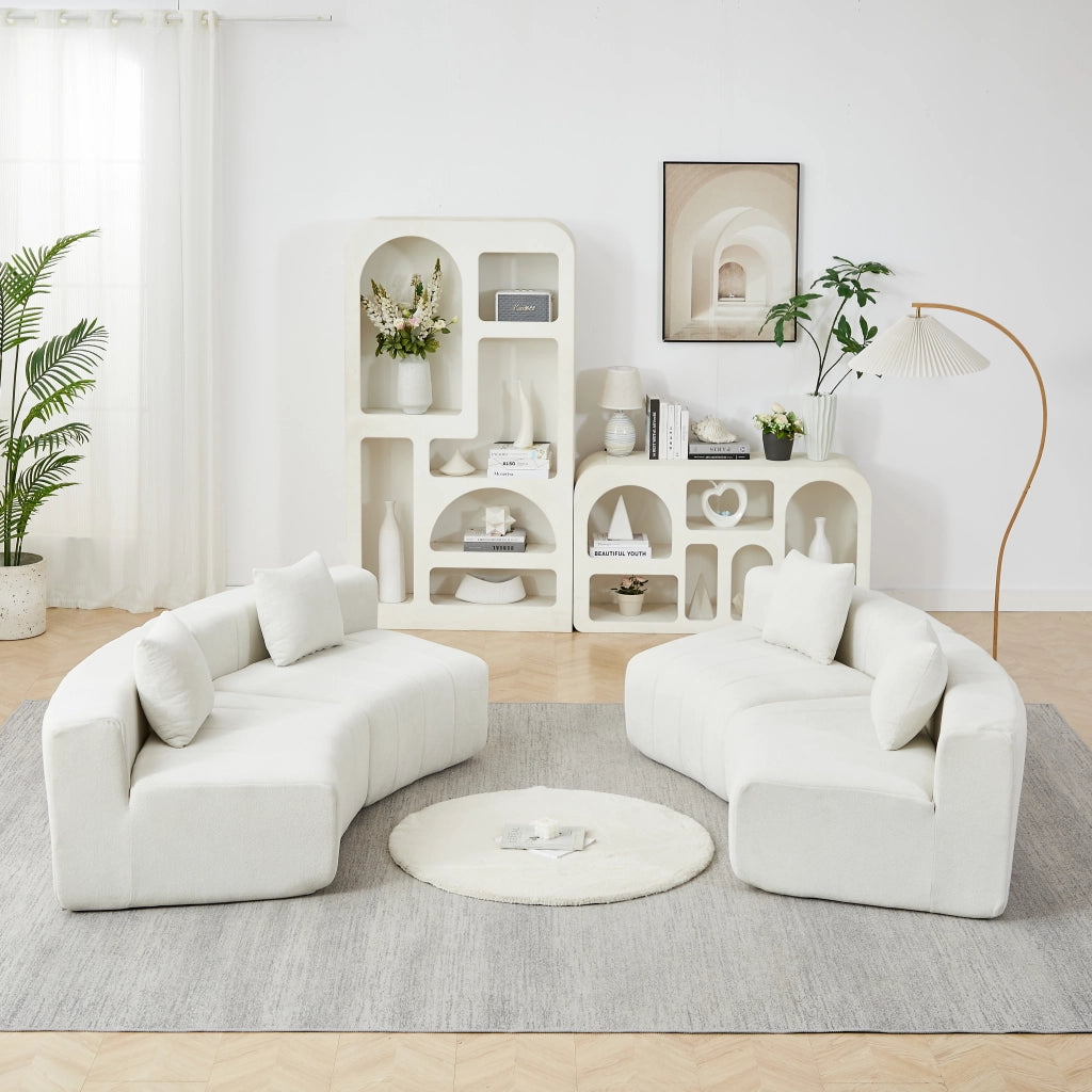 Divano modulare 4 posti con cuscini e design curvo per soggiorno in chenille beige