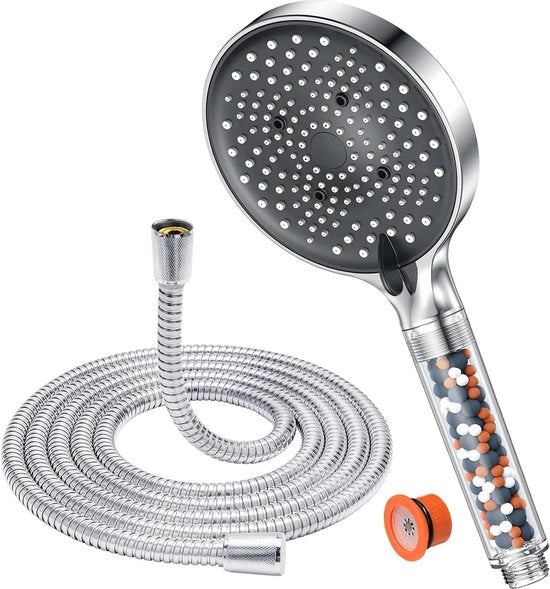 Douchekop idroregolatore douchekop idroeconomizzante regolatore d'acqua 6 tipi di getto economizzatore d'acqua 75 l/min grande (130 mm di diametro) cromato con tubo 16 m con filtro