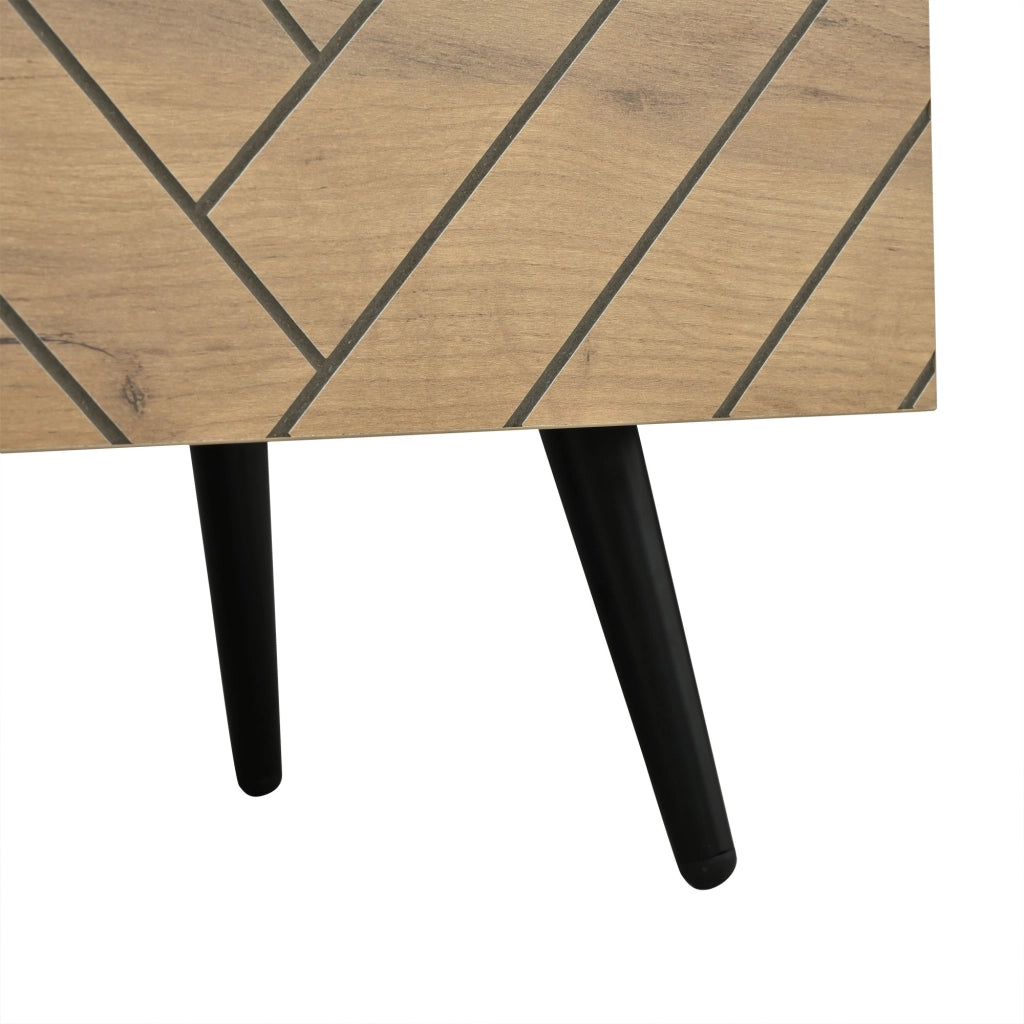 Mobile TV, cerniere silenziose, ripiani a vista, finitura effetto legno, colore legno naturale e nero