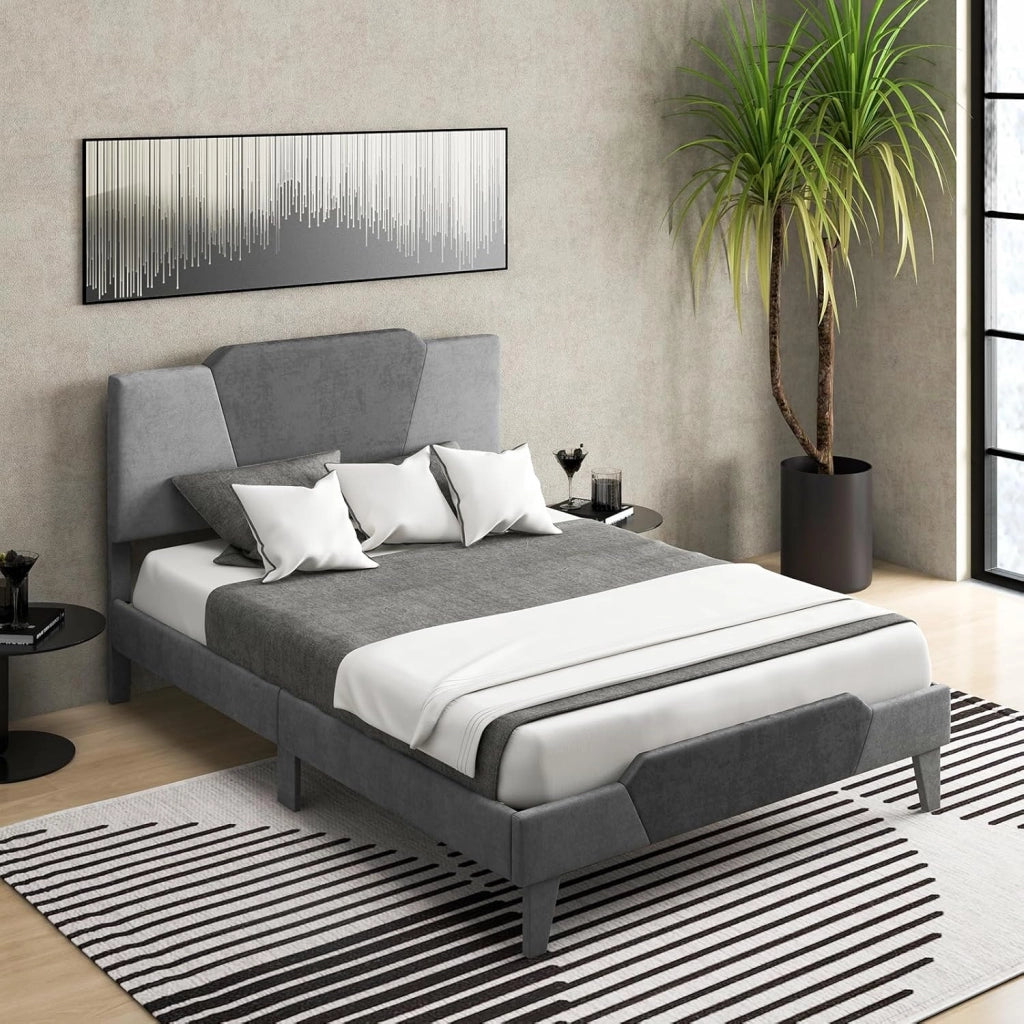 Letto con Struttura Imbottita in Velluto, Telaio da Letto con Doghe in Legno Massello e Testiera, 140 x 200 cm, Carico Massimo 500kg