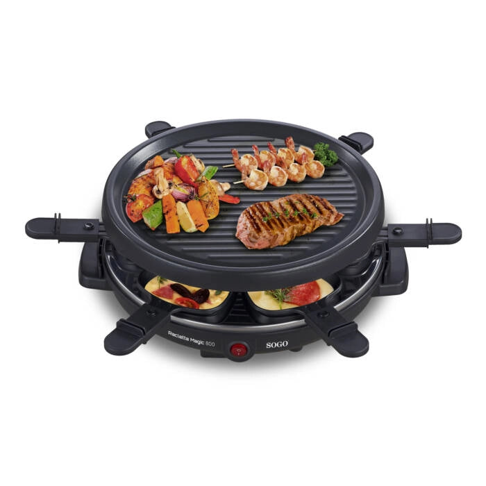 Raclette elettrica con grill antiaderente 28 cm, 6 persone 800W per sciogliere formaggio e grigliare carne - Sogo