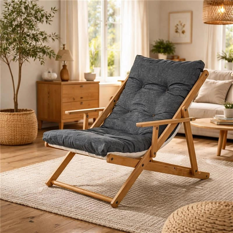 POLTRONA RELAX COMODONA IN LEGNO TELAIO MIELE E TESSUTO BLU JEANS 3 POSIZIONI