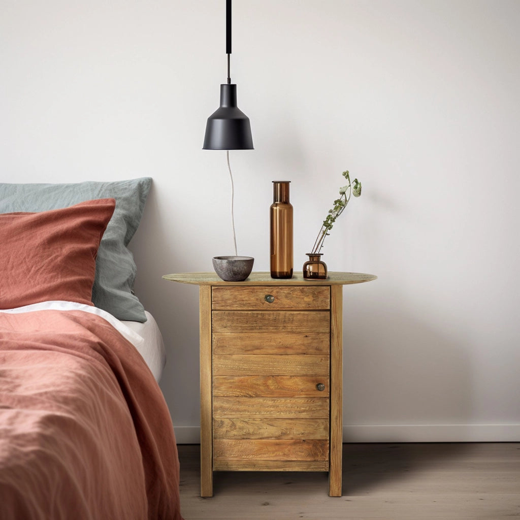 Comodino con cassettto e un anta in Pino riciclato cm 75x35x76 - PINE