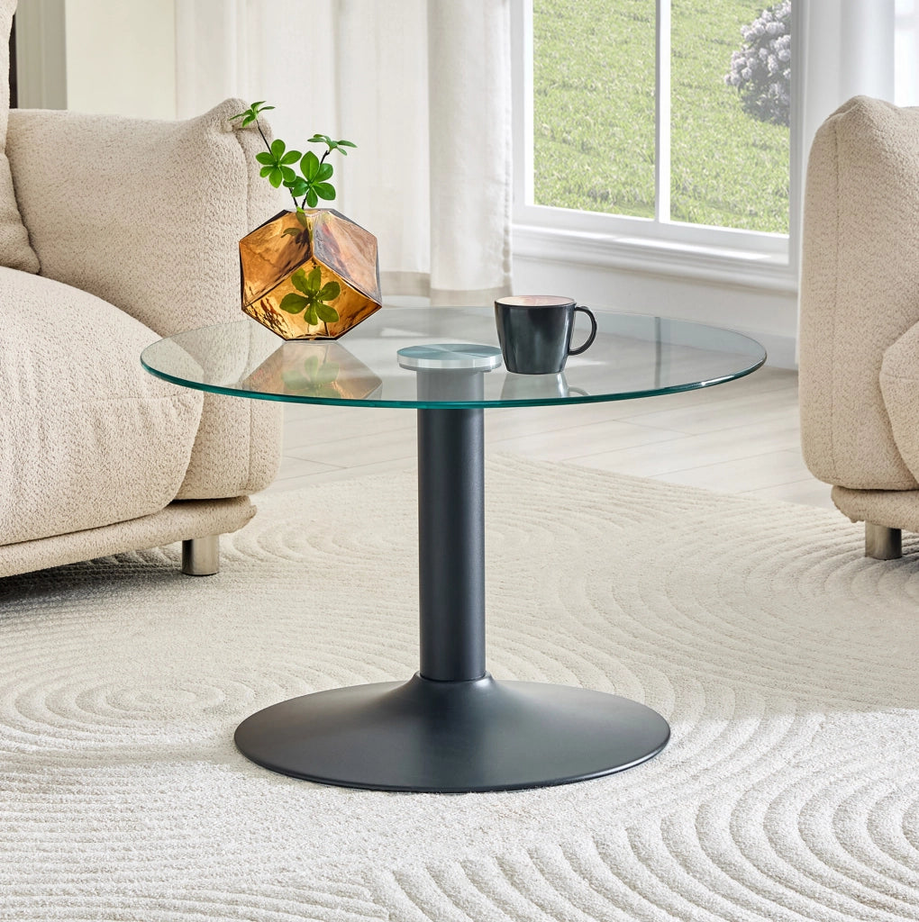 Tavolino da caffè rotondo in vetro e metallo nero da 70 cm