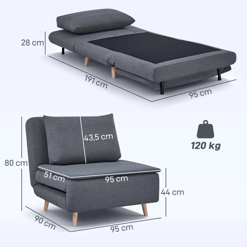 Poltrona letto 3 in 1 grigia con schienale regolabile
