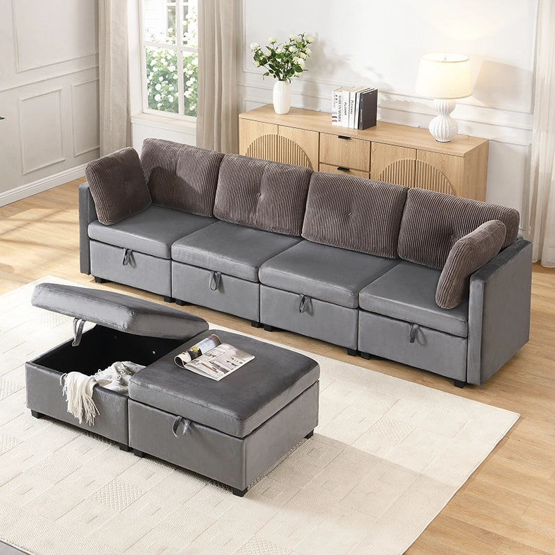 DIVANO modulare a U 261x132,5 cm velluto e corda grigio antico