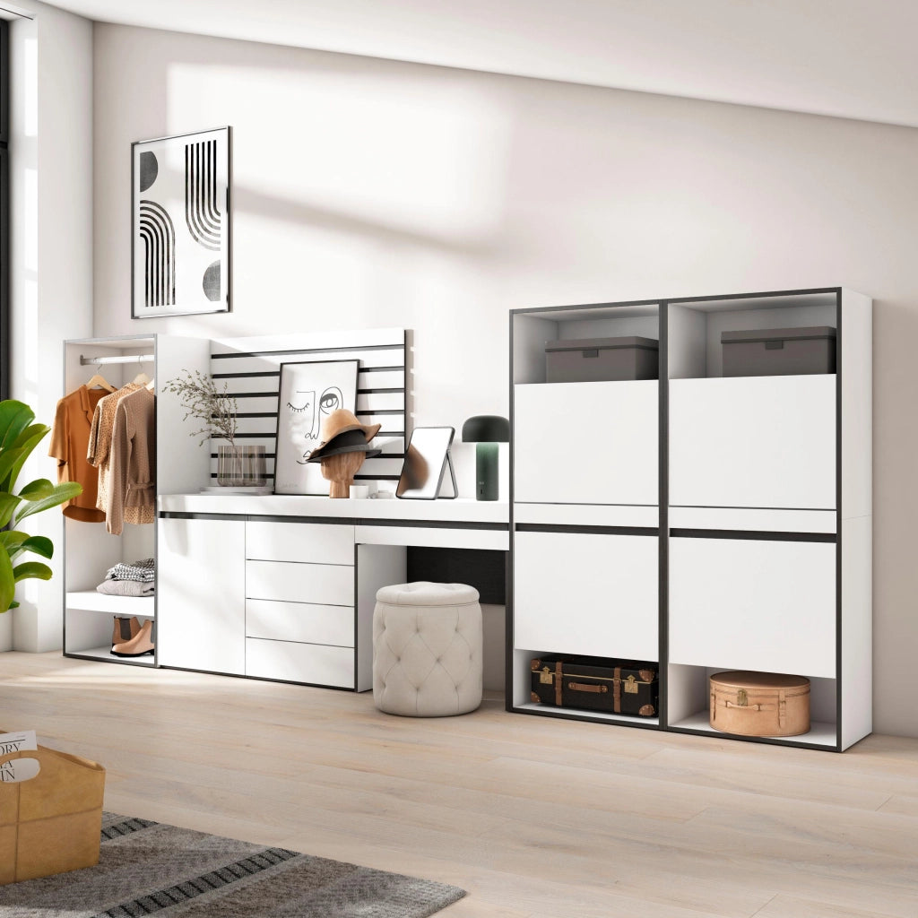 Scarpiera, 357x35x145cm, Camera da letto, Armadio Aperto, Cassettiera, Pannelli Decorativi, Tavolo da toeletta, Bianco RF3508