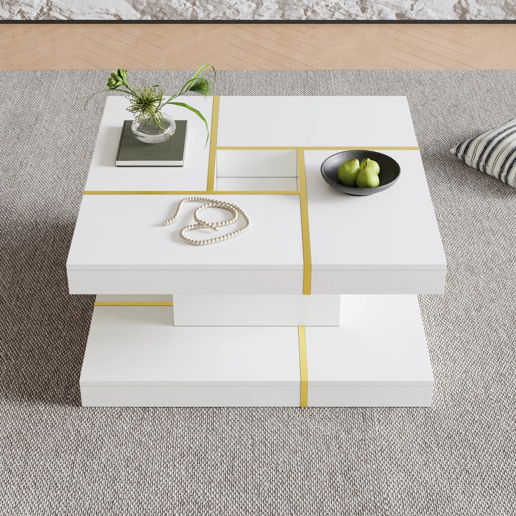 TAVOLINO Quadrato a 2 Livelli 80x80x38 cm Bianco con dettagli metallici dorati