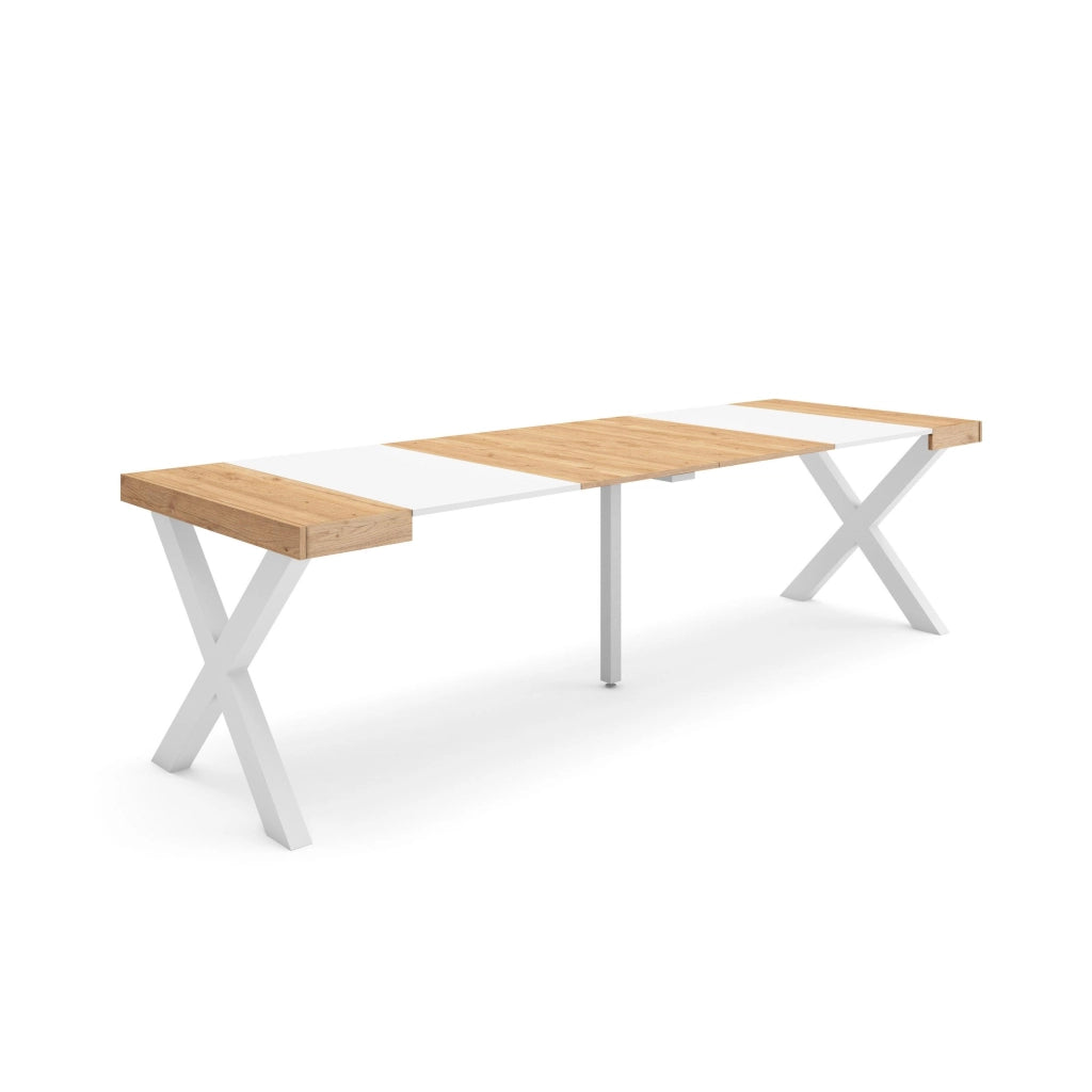 Consolle allungabile, 58 fino 262x90x73cm, Per 12 persone, Gambe in legno, colore Rovere e bianco RF2813