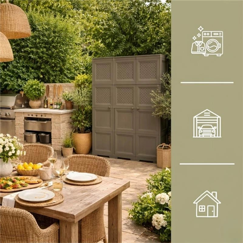 ARMADIO 3 ANTE WENGÉ 118X43X164 CM CON PUNTALI, ANTE TRAFORATE E VANO PORTASCOPA – MOBILE ALTO ORGANIZZATORE PER INGRESSO E RIPOSTIGLIO
