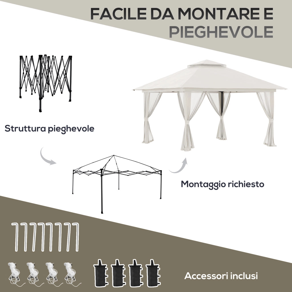 Gazebo Pieghevole 4x4 m ad Altezza Regolabile con Zanzariera e Borsa in Metallo e Tessuto Oxford Crema