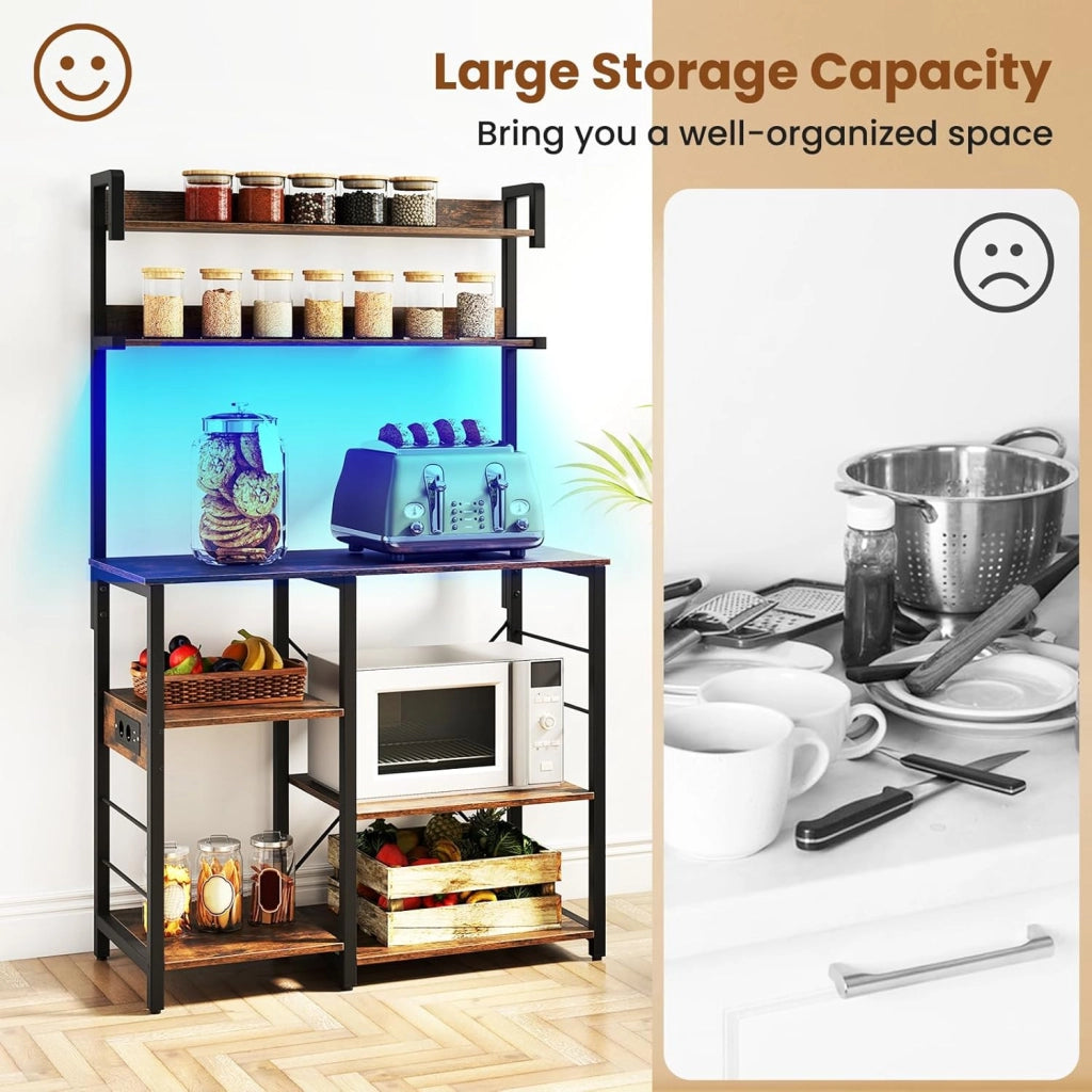 Scaffale da Cucina con Stazione di Ricarica, Luci, Supporto per Microonde a 6 Livelli per Spezie, Utensili, Piante, Mobile di Stoccaggio Industriale per Cucina, Marrone Rustico