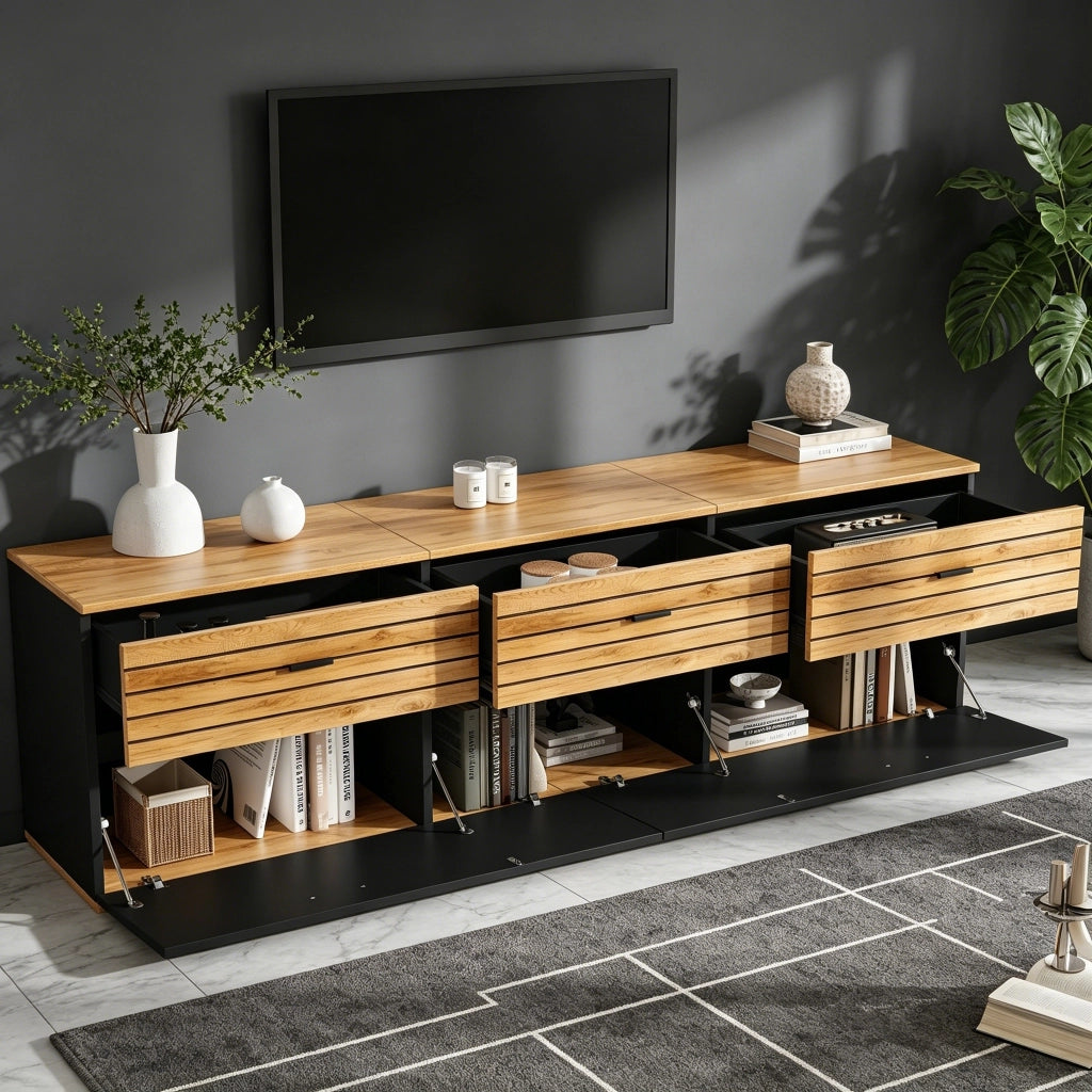 Mobile TV con 3 cassetti e 2 ante a ribalta, 168 cm, per TV fino a 65", colore naturale e nero, con motivo ondulato